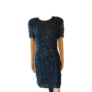 NiteLine VTG 90s-Y2K SILK Black Sequin Beaded Party Cocktail Mini Dress size 6